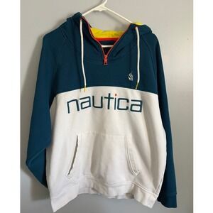 Nautica Vintage Collection Teal White Colorblock Quarter Zip Hoodie Men L K01601